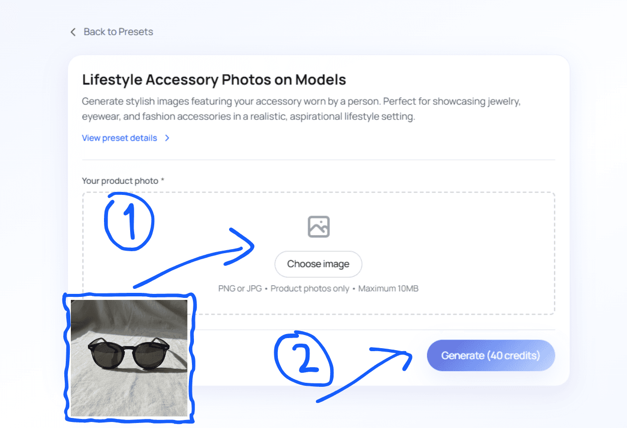 Upload screen showing product photo slots and notes field.