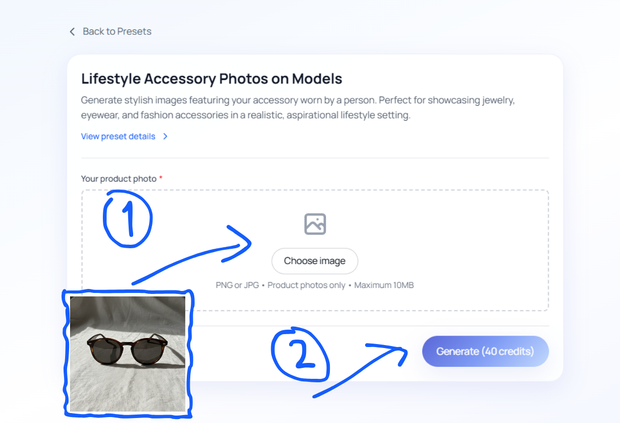 Upload screen showing product photo slots and notes field.